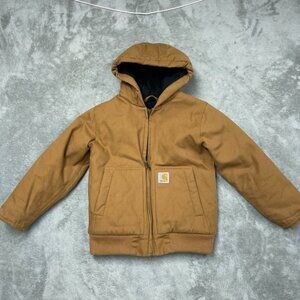 Carhartt Boys Brown Canvas Hooded Jacket Quilted Lining XS Youth Durable a1531